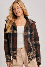 Load image into Gallery viewer, PLAID ZIPPER FRONT WIDE COLLAR FUZZY KNIT SWEATER JACKET