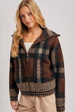 Load image into Gallery viewer, PLAID ZIPPER FRONT WIDE COLLAR FUZZY KNIT SWEATER JACKET
