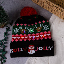 Load image into Gallery viewer, Light Up HOLLY JOLLY Snowman Christmas Pom Pom LED Beanie Hat
