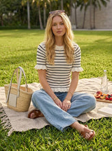 Load image into Gallery viewer, Charming Striped Short Ruffle Sleeve Knitted Sweater VT60773