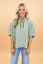 Load image into Gallery viewer, Gingham Plaid Trim Split Neck Blouse