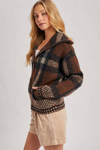 Load image into Gallery viewer, PLAID ZIPPER FRONT WIDE COLLAR FUZZY KNIT SWEATER JACKET