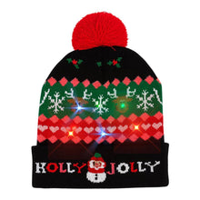 Load image into Gallery viewer, Light Up HOLLY JOLLY Snowman Christmas Pom Pom LED Beanie Hat
