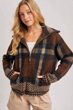 Load image into Gallery viewer, PLAID ZIPPER FRONT WIDE COLLAR FUZZY KNIT SWEATER JACKET