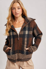 Load image into Gallery viewer, PLAID ZIPPER FRONT WIDE COLLAR FUZZY KNIT SWEATER JACKET