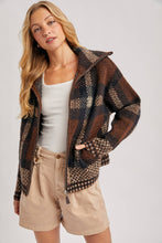 Load image into Gallery viewer, PLAID ZIPPER FRONT WIDE COLLAR FUZZY KNIT SWEATER JACKET