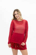 Load image into Gallery viewer, Mesh Long Sleeve Top with Pearls Detail, Red