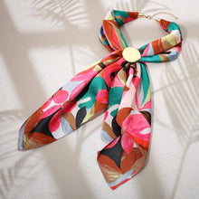 Load image into Gallery viewer, Hammered Metal Round Scarf Ring Accent Printed Fabric Scarf Necklace