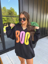 Load image into Gallery viewer, BOO Striped SPLIT NECK Graphic Crewneck on Black
