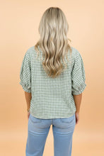 Load image into Gallery viewer, Gingham Plaid Trim Split Neck Blouse