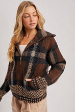 Load image into Gallery viewer, PLAID ZIPPER FRONT WIDE COLLAR FUZZY KNIT SWEATER JACKET