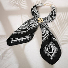Load image into Gallery viewer, Hammered Metal Round Scarf Ring Accent Printed Fabric Scarf Necklace