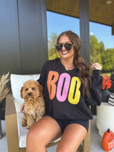 Load image into Gallery viewer, BOO Striped SPLIT NECK Graphic Crewneck on Black
