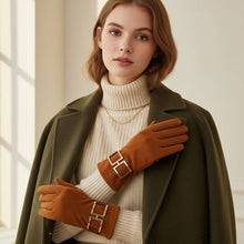 Load image into Gallery viewer, Gold Buckle Accent Faux Suede Smart Touch Winter Gloves

