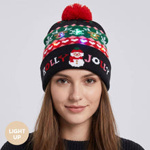 Load image into Gallery viewer, Light Up HOLLY JOLLY Snowman Christmas Pom Pom LED Beanie Hat
