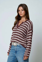 Load image into Gallery viewer, STRIPE RAW EDGE SPLIT NECK SHEER KNIT SWEATER
