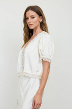 Load image into Gallery viewer, SATIN LACE TRIM V NECK PUFF SLEEVE BLOUSE
