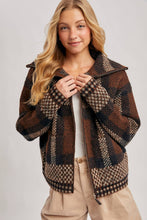 Load image into Gallery viewer, PLAID ZIPPER FRONT WIDE COLLAR FUZZY KNIT SWEATER JACKET

