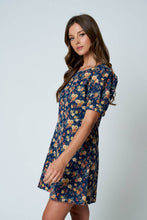 Load image into Gallery viewer, FLORAL PUFF SLEEVE SEAM DETAIL DENIM MINI DRESS
