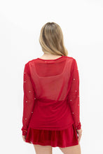 Load image into Gallery viewer, Mesh Long Sleeve Top with Pearls Detail, Red
