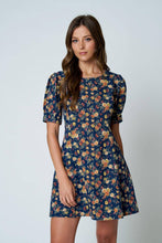 Load image into Gallery viewer, FLORAL PUFF SLEEVE SEAM DETAIL DENIM MINI DRESS
