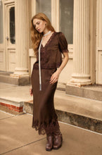 Load image into Gallery viewer, SATIN LACE TRIM V NECK PUFF SLEEVE BLOUSE
