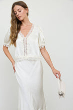 Load image into Gallery viewer, SATIN LACE TRIM V NECK PUFF SLEEVE BLOUSE
