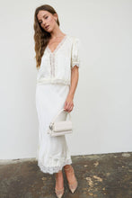 Load image into Gallery viewer, SATIN LACE TRIM V NECK PUFF SLEEVE BLOUSE
