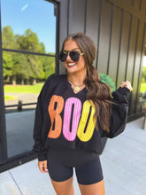 Load image into Gallery viewer, BOO Striped SPLIT NECK Graphic Crewneck on Black
