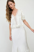 Load image into Gallery viewer, SATIN LACE TRIM V NECK PUFF SLEEVE BLOUSE
