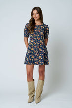 Load image into Gallery viewer, FLORAL PUFF SLEEVE SEAM DETAIL DENIM MINI DRESS
