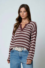 Load image into Gallery viewer, STRIPE RAW EDGE SPLIT NECK SHEER KNIT SWEATER
