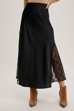 Load image into Gallery viewer, LACE TRIMMED MID-RISE SATIN MIDI SKIRT
