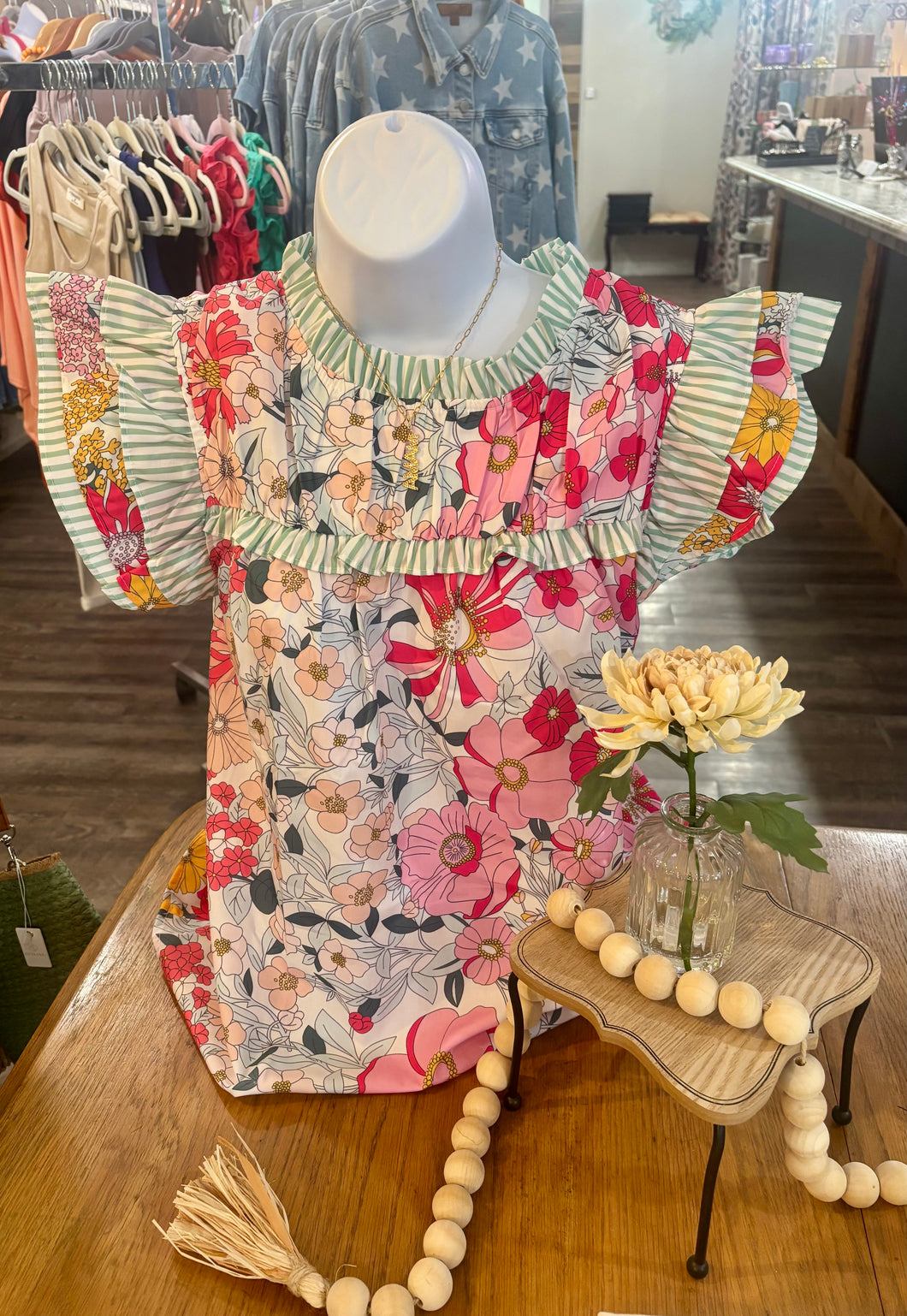 Green Stripe Flower Top