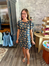 Load image into Gallery viewer, FLORAL PUFF SLEEVE SEAM DETAIL DENIM MINI DRESS
