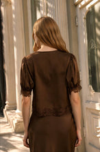 Load image into Gallery viewer, SATIN LACE TRIM V NECK PUFF SLEEVE BLOUSE
