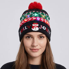 Load image into Gallery viewer, Light Up HOLLY JOLLY Snowman Christmas Pom Pom LED Beanie Hat
