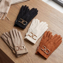Load image into Gallery viewer, Gold Buckle Accent Faux Suede Smart Touch Winter Gloves
