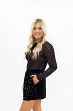 Load image into Gallery viewer, Mesh Long Sleeve Top with Pearls Detail, Black
