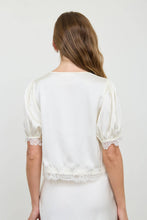Load image into Gallery viewer, SATIN LACE TRIM V NECK PUFF SLEEVE BLOUSE
