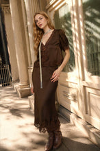 Load image into Gallery viewer, SATIN LACE TRIM V NECK PUFF SLEEVE BLOUSE
