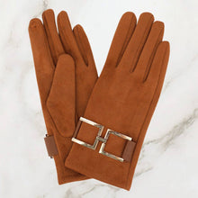 Load image into Gallery viewer, Gold Buckle Accent Faux Suede Smart Touch Winter Gloves
