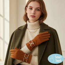 Load image into Gallery viewer, Gold Buckle Accent Faux Suede Smart Touch Winter Gloves
