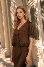 Load image into Gallery viewer, SATIN LACE TRIM V NECK PUFF SLEEVE BLOUSE
