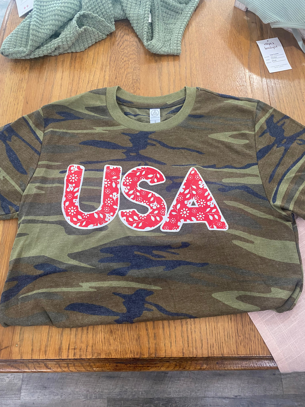 Red and White Floral on Camo Tee